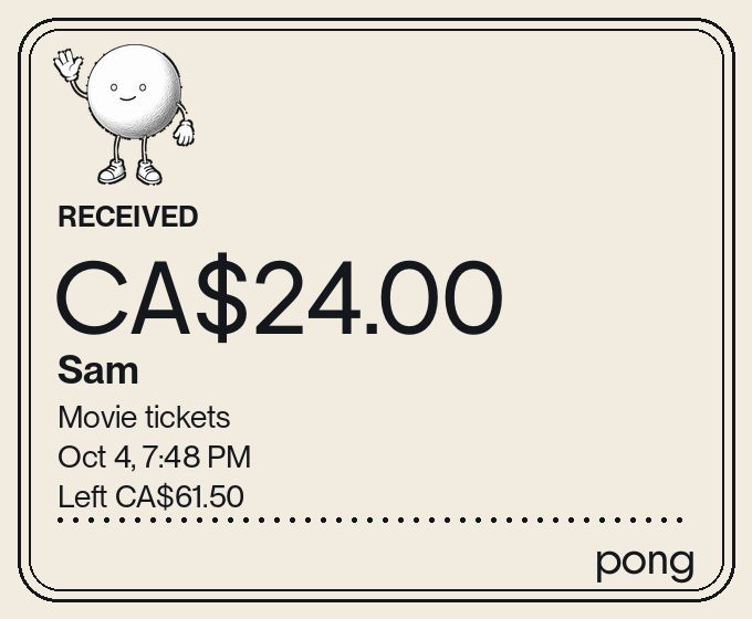 Maya's receipt card: RECEIVED CA$24.00 from Sam