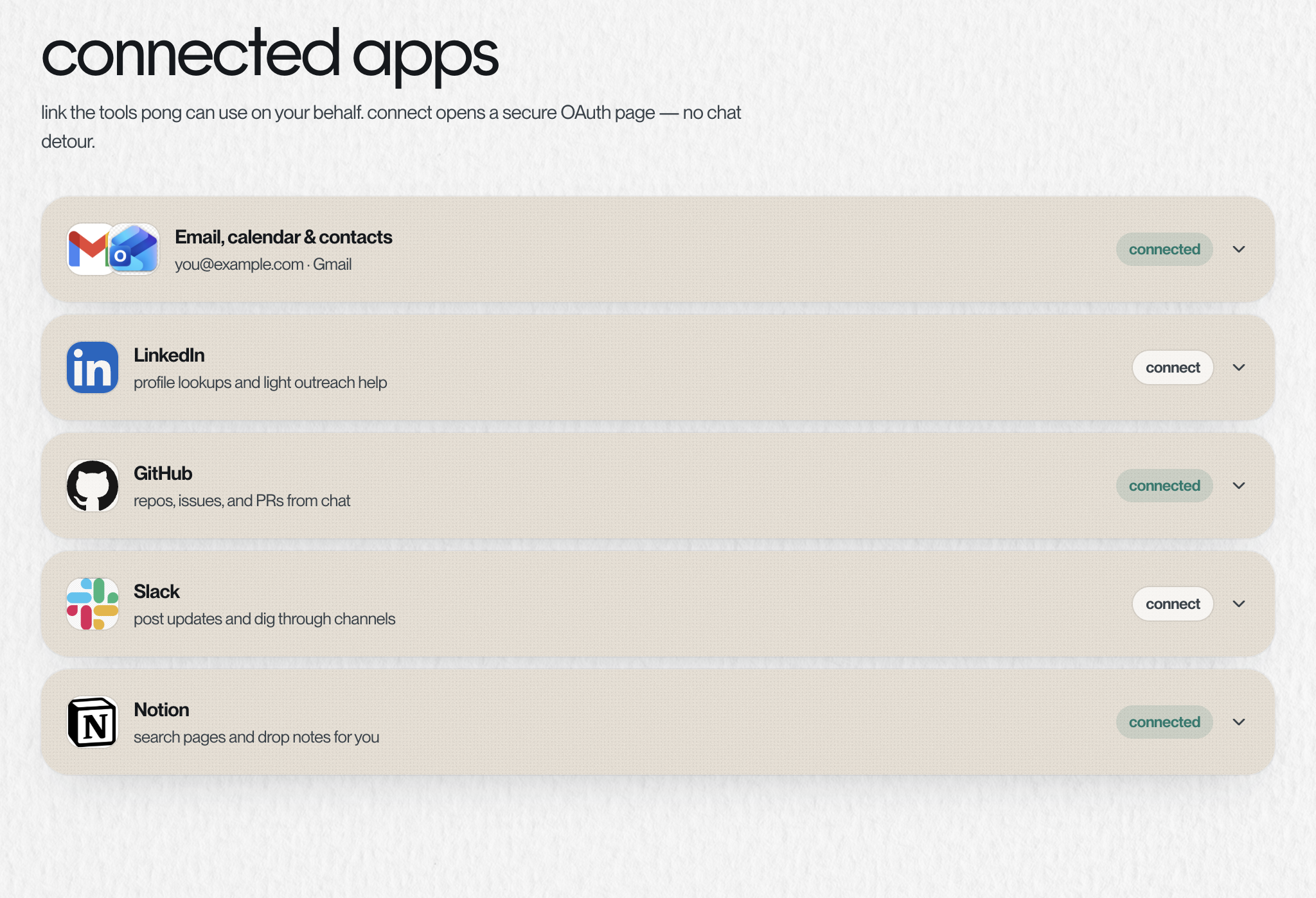 The connected apps page