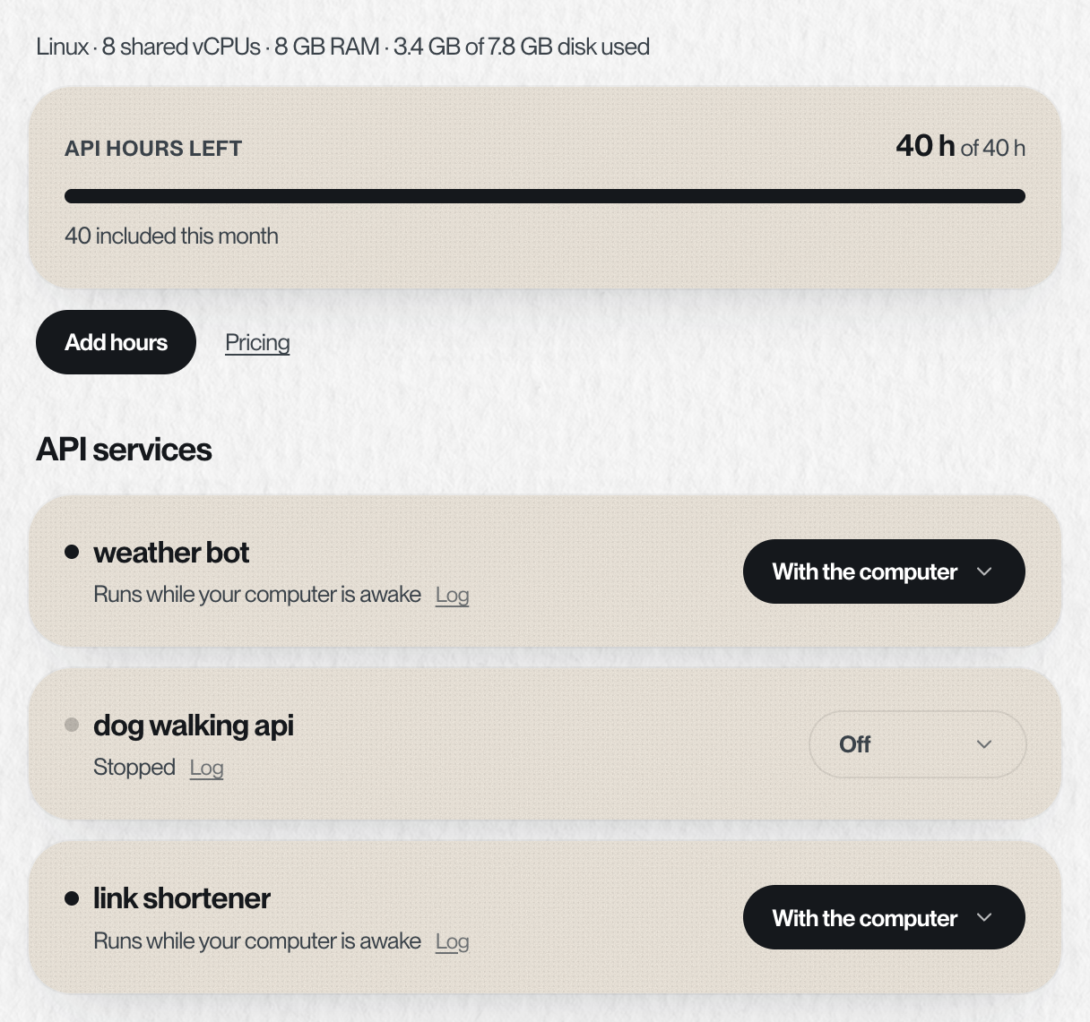 The computer page: what the machine is, API hours, and each service with its one setting