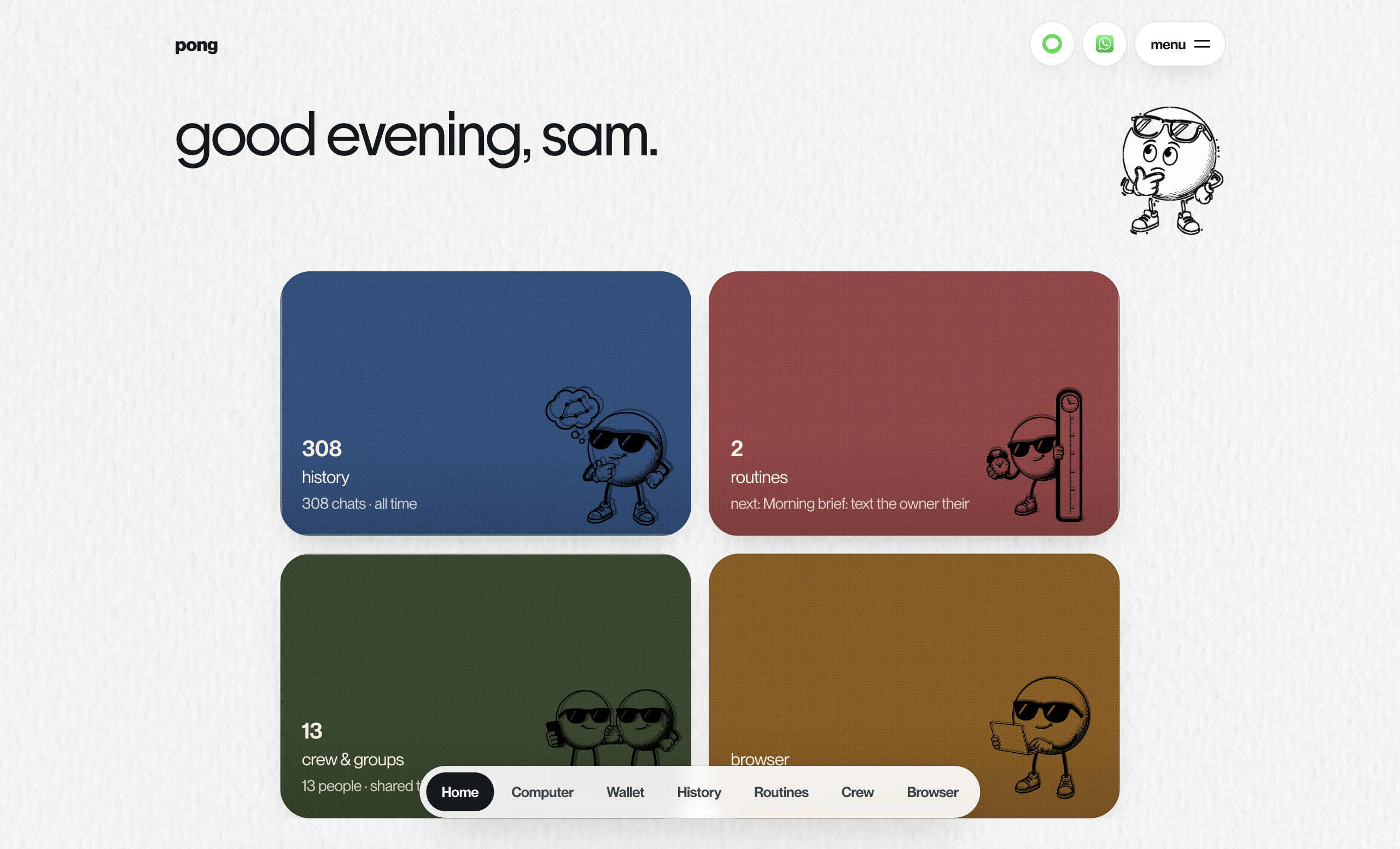 The pong dashboard home page