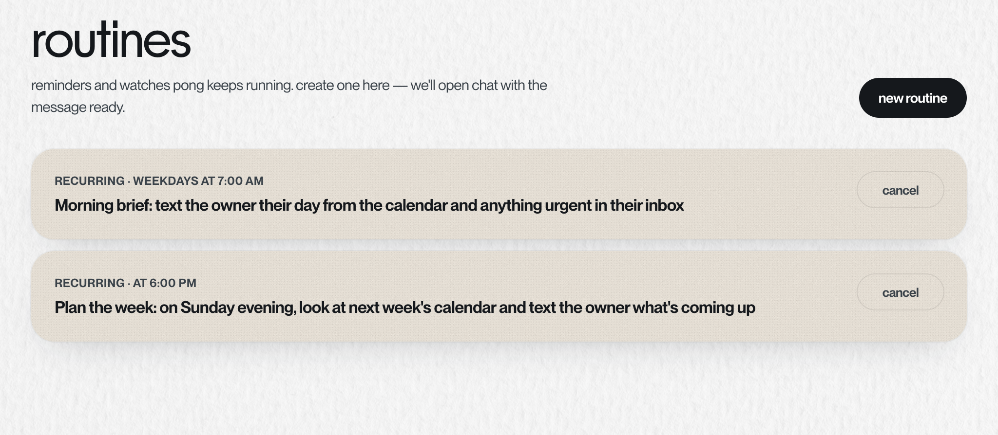 The routines page